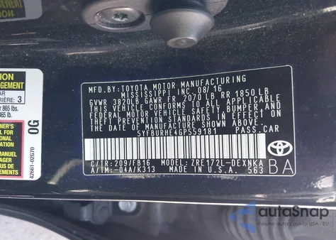 2016 Toyota Corolla Le Plus from USA, damaged, VIN 5YFBURHE4GP559181